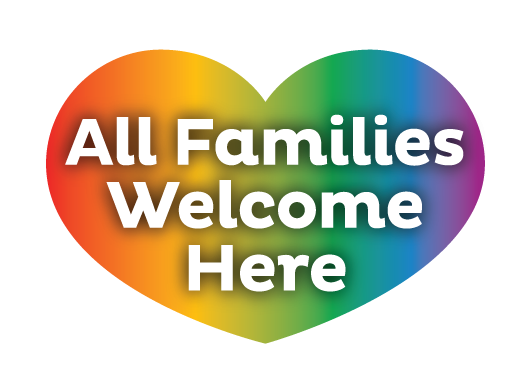 Rainbow gradient heart with the words "All Families Welcome Here" in white text